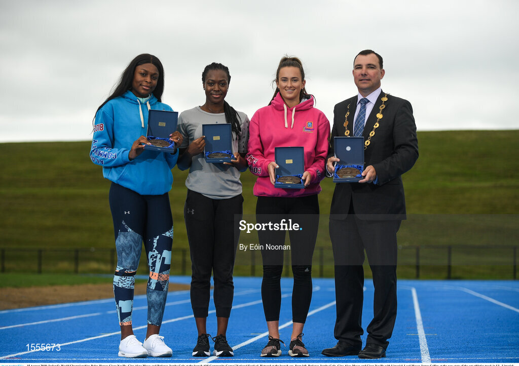 15 August 2018; Ireland’s World Championships Relay Heroes Ciara Neville, Gina Akpe Moses and Patience Jumbo Gula at the launch Aldi Community Games’ National Festival. Pictured at the launch are, from left, Patience Jumbo Gula, Gina Akpe Moses and Ciara Neville with Limerick Lord Mayor James Collins at the new state of the art athletics track in UL, Limerick. Photo by Eóin Noonan/Sportsfile