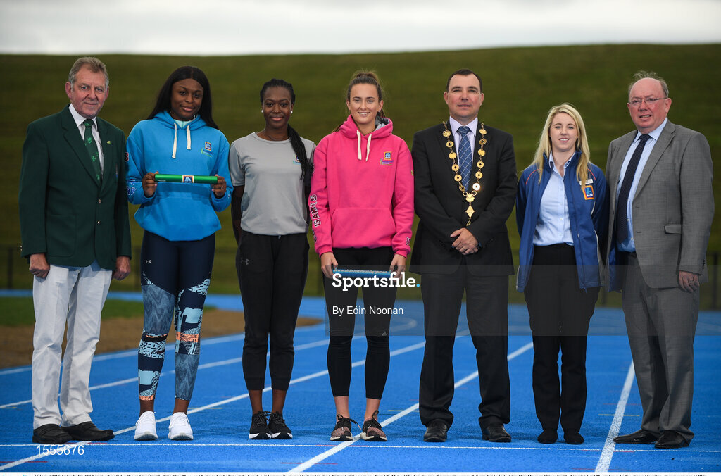 15 August 2018; Ireland’s World Championships Relay Heroes Ciara Neville, Gina Akpe Moses and Patience Jumbo Gula at the launch Aldi Community Games’ National Festival. Pictured at the lauch are, from left, Micheal Sheehan director of community games, Patience Jumbo Gula, Gina Akpe Moses and Ciara Neville, Limerick Lord Mayor James Collins, Karen Moynihan, store manager at ALDI in Newcastle west and John Bynre CEO comminuty games at the new state of the art athletics track in UL, Limerick. Photo by Eóin Noonan/Sportsfile