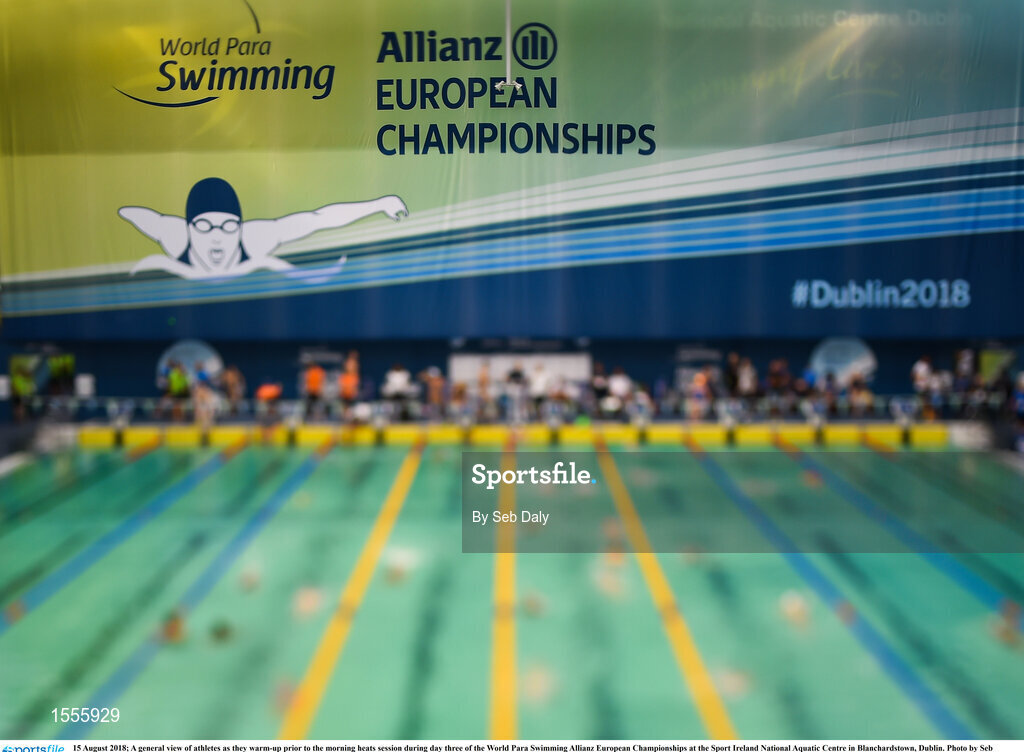 15 August 2018; (EDITOR'S NOTE; A variable planed lens was used in the creation of this image) A general view of athletes as they warm-up prior to the morning heats session during day three of the World Para Swimming Allianz European Championships at the Sport Ireland National Aquatic Centre in Blanchardstown, Dublin. Photo by Seb Daly/Sportsfile