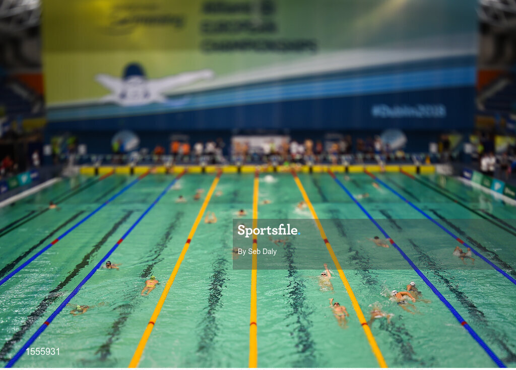 15 August 2018; (EDITOR'S NOTE; A variable planed lens was used in the creation of this image) A general view of athletes as they warm-up prior to the morning heats session during day three of the World Para Swimming Allianz European Championships at the Sport Ireland National Aquatic Centre in Blanchardstown, Dublin. Photo by Seb Daly/Sportsfile