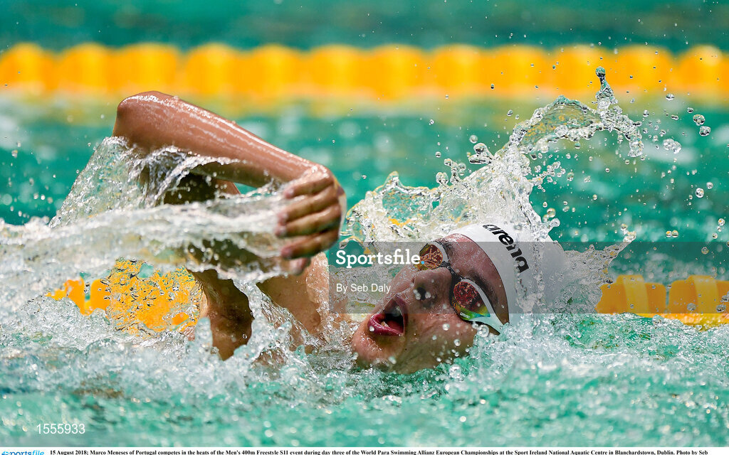 15 August 2018; Marco Meneses of Portugal competes in the heats of the Men's 400m Freestyle S11 event during day three of the World Para Swimming Allianz European Championships at the Sport Ireland National Aquatic Centre in Blanchardstown, Dublin. Photo by Seb Daly/Sportsfile