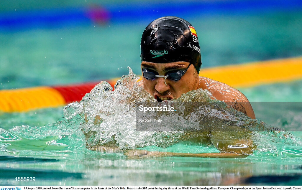 15 August 2018; Antoni Ponce Bertran of Spain competes in the heats of the Men's 100m Breaststroke SB5 event during day three of the World Para Swimming Allianz European Championships at the Sport Ireland National Aquatic Centre in Blanchardstown, Dublin. Photo by Seb Daly/Sportsfile