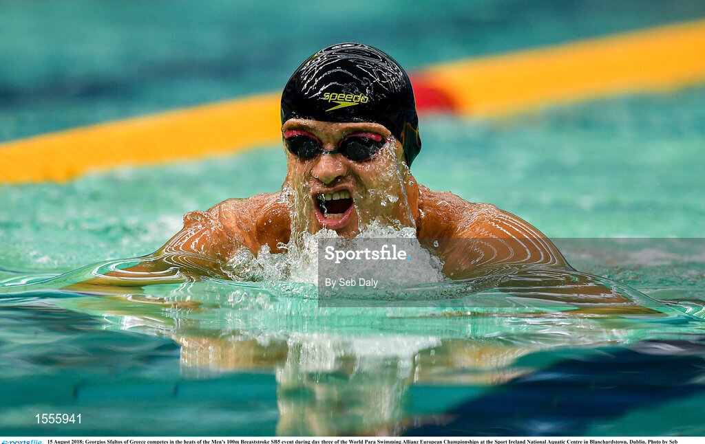 15 August 2018; Georgios Sfaltos of Greece competes in the heats of the Men's 100m Breaststroke SB5 event during day three of the World Para Swimming Allianz European Championships at the Sport Ireland National Aquatic Centre in Blanchardstown, Dublin. Photo by Seb Daly/Sportsfile