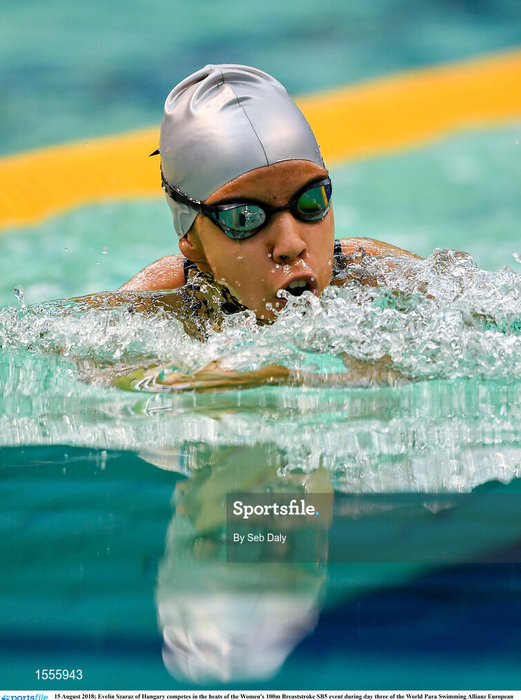 15 August 2018; Evelin Szaraz of Hungary competes in the heats of the Women's 100m Breaststroke SB5 event during day three of the World Para Swimming Allianz European Championships at the Sport Ireland National Aquatic Centre in Blanchardstown, Dublin. Photo by Seb Daly/Sportsfile