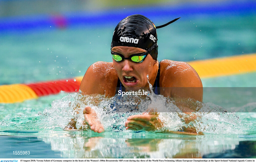 15 August 2018; Verena Schott of Germany competes in the heats of the Women's 100m Breaststroke SB5 event during day three of the World Para Swimming Allianz European Championships at the Sport Ireland National Aquatic Centre in Blanchardstown, Dublin. Photo by Seb Daly/Sportsfile