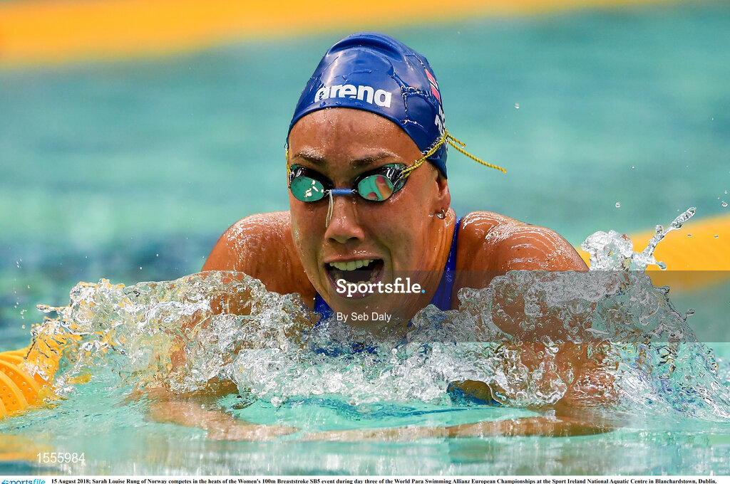 15 August 2018; Sarah Louise Rung of Norway competes in the heats of the Women's 100m Breaststroke SB5 event during day three of the World Para Swimming Allianz European Championships at the Sport Ireland National Aquatic Centre in Blanchardstown, Dublin. Photo by Seb Daly/Sportsfile