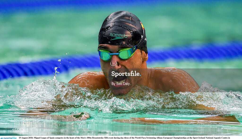 15 August 2018; Miguel Luque of Spain competes in the heats of the Men's 100m Breaststroke SB4 event during day three of the World Para Swimming Allianz European Championships at the Sport Ireland National Aquatic Centre in Blanchardstown, Dublin. Photo by Seb Daly/Sportsfile