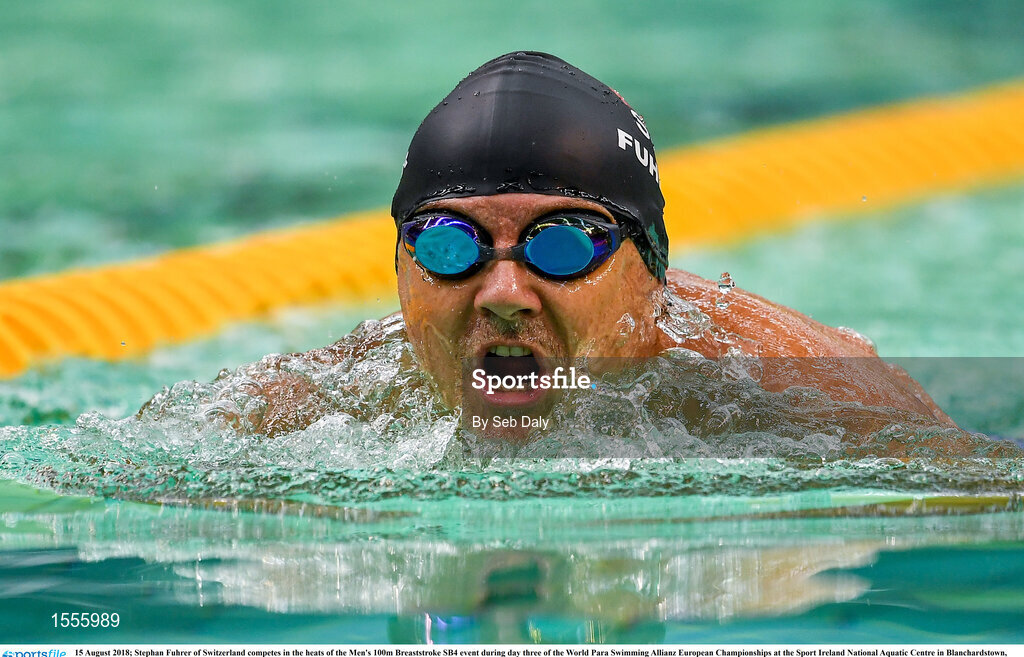 15 August 2018; Stephan Fuhrer of Switzerland competes in the heats of the Men's 100m Breaststroke SB4 event during day three of the World Para Swimming Allianz European Championships at the Sport Ireland National Aquatic Centre in Blanchardstown, Dublin. Photo by Seb Daly/Sportsfile