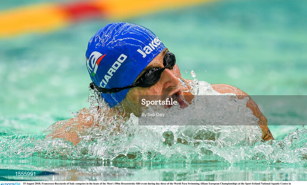 15 August 2018; Francessco Bocciardo of Italy competes in the heats of the Men's 100m Breaststroke SB4 event during day three of the World Para Swimming Allianz European Championships at the Sport Ireland National Aquatic Centre in Blanchardstown, Dublin. Photo by Seb Daly/Sportsfile