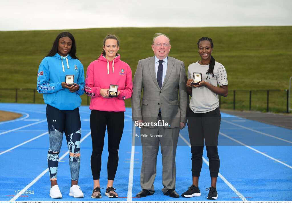 15 August 2018; Ireland’s World Championships Relay Heroes Ciara Neville, Gina Akpe Moses and Patience Jumbo Gula at the launch Aldi Community Games’ National Festival. Pictured at the lauch are, from left, Patience Jumbo Gula, Ciara Neville, John Bynre CEO comminuty games and Gina Akpe Moses at the new state of the art athletics track in UL, Limerick. Photo by Eóin Noonan/Sportsfile