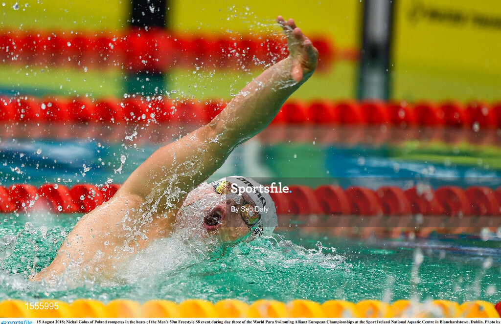 15 August 2018; Nichal Golus of Poland competes in the heats of the Men's 50m Freestyle S8 event during day three of the World Para Swimming Allianz European Championships at the Sport Ireland National Aquatic Centre in Blanchardstown, Dublin. Photo by Seb Daly/Sportsfile