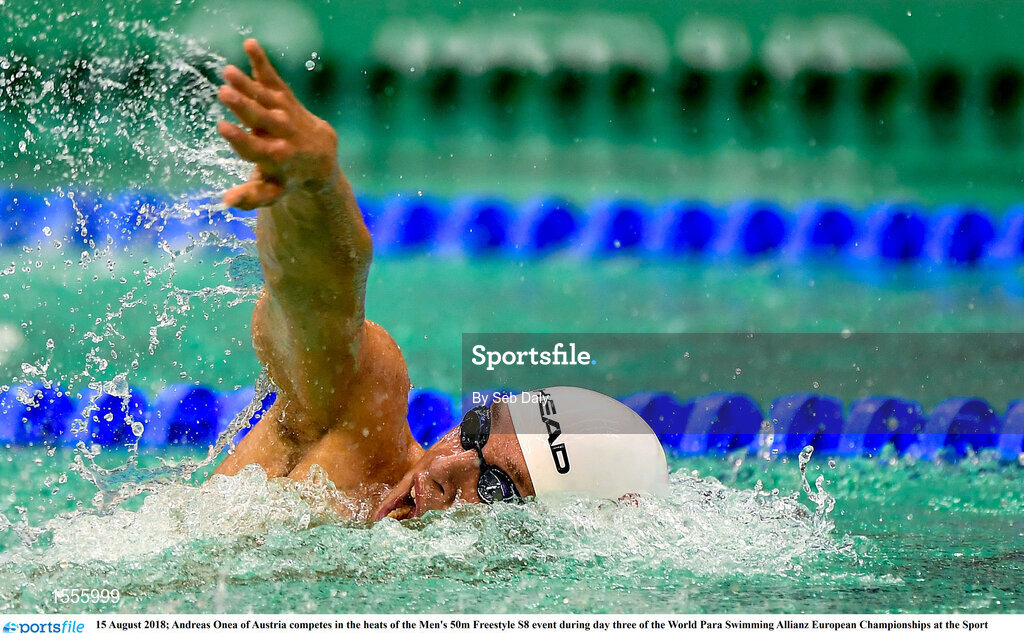 15 August 2018; Andreas Onea of Austria competes in the heats of the Men's 50m Freestyle S8 event during day three of the World Para Swimming Allianz European Championships at the Sport Ireland National Aquatic Centre in Blanchardstown, Dublin. Photo by Seb Daly/Sportsfile