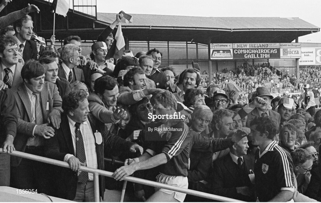 7 September 1980; Noel Lane, left, and Steve Mahon of Galway makes his way up the steps of the Hogan Stand after the All Ireland Hurling Final, Galway v Limerick, Croke Park, Dublin. Photo by Ray McManus/Sportsfile