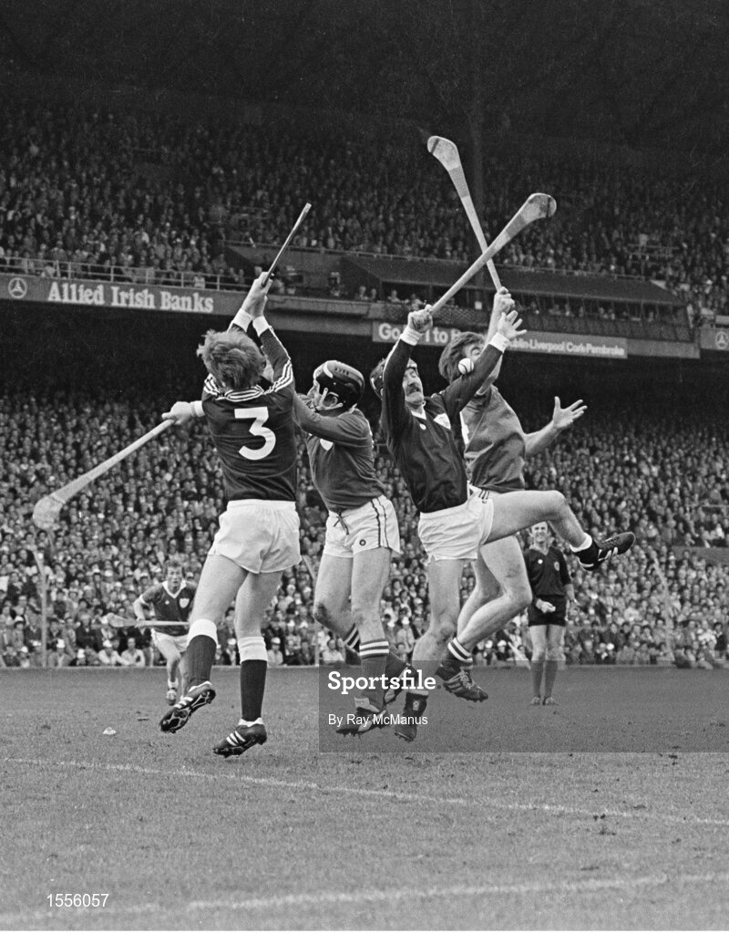 7 September 1980; Niall McInerney, left, and Seán Silke of Galway, in action against Eamonn Cregan, left, and Joe McKenna of Limerick, during the All Ireland Hurling Final, Galway v Limerick, Croke Park, Dublin. Photo by Ray McManus/Sportsfile