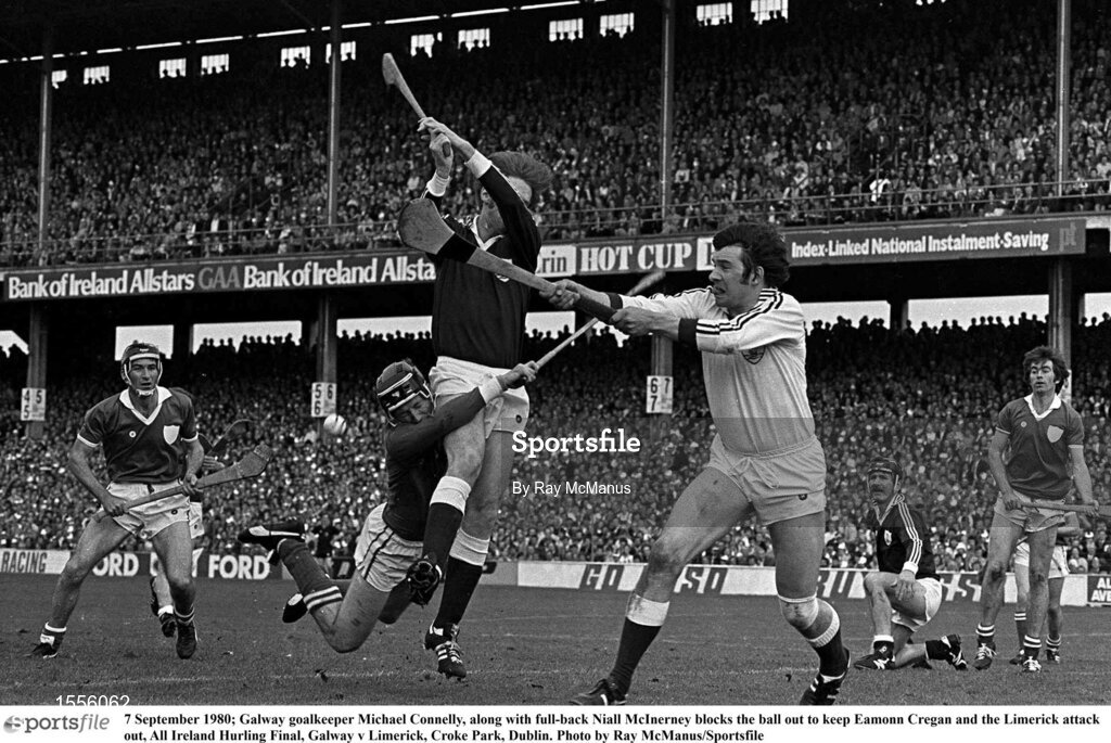 7 September 1980; Galway goalkeeper Michael Connelly, along with full-back Niall McInerney block the ball out to keep Eamonn Cregan and the Limerick attack out during the All Ireland Hurling Final match between Galway and Limerick at Croke Park in Dublin. Photo by Ray McManus/Sportsfile