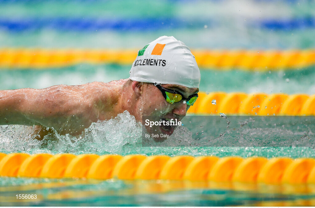 15 August 2018; Barry McClements of Ireland competes in the heats of the Men's 100m Butterfly S9 event during day three of the World Para Swimming Allianz European Championships at the Sport Ireland National Aquatic Centre in Blanchardstown, Dublin. Photo by Seb Daly/Sportsfile