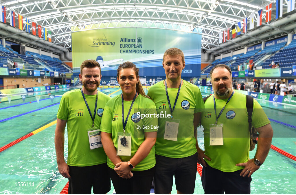 15 August 2018; Citi Group volunteers, from left, Gar Deady, Michelle Maxwell, Anthony Handrick, Paul Speight, during day three of the World Para Swimming Allianz European Championships at the Sport Ireland National Aquatic Centre in Blanchardstown, Dublin. Photo by Seb Daly/Sportsfile