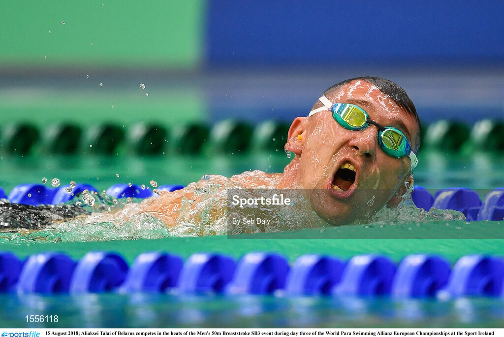 15 August 2018; Aliaksei Talai of Belarus competes in the heats of the Men's 50m Breaststroke SB3 event during day three of the World Para Swimming Allianz European Championships at the Sport Ireland National Aquatic Centre in Blanchardstown, Dublin. Photo by Seb Daly/Sportsfile