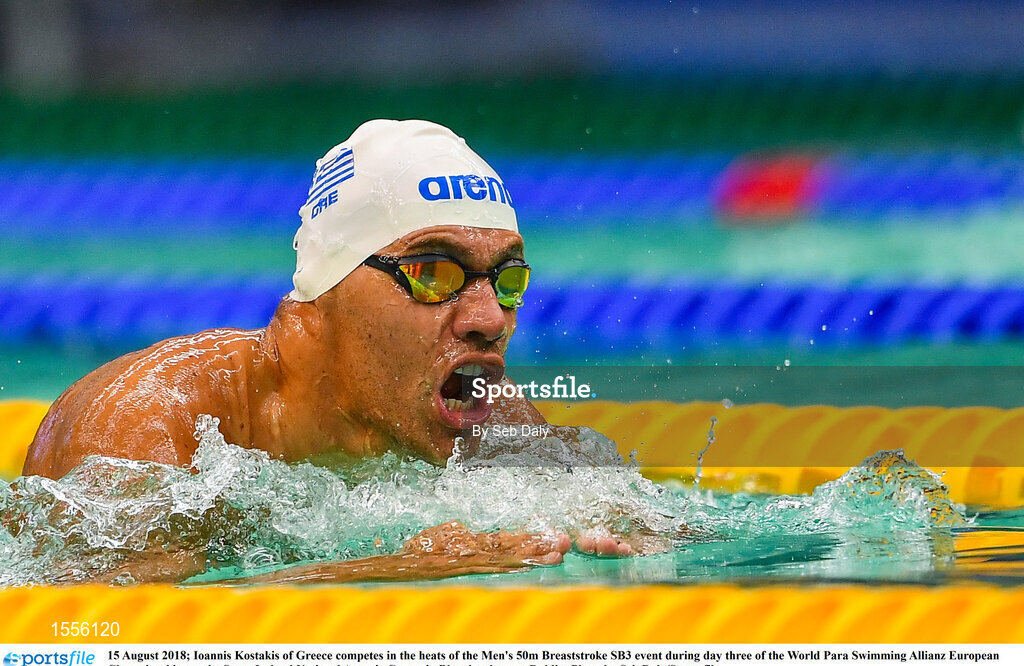15 August 2018; Ioannis Kostakis of Greece competes in the heats of the Men's 50m Breaststroke SB3 event during day three of the World Para Swimming Allianz European Championships at the Sport Ireland National Aquatic Centre in Blanchardstown, Dublin. Photo by Seb Daly/Sportsfile