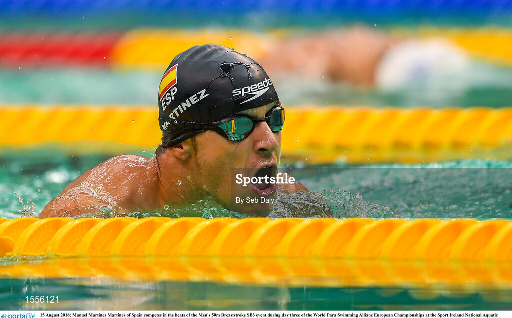15 August 2018; Manuel Martinez Martinez of Spain competes in the heats of the Men's 50m Breaststroke SB3 event during day three of the World Para Swimming Allianz European Championships at the Sport Ireland National Aquatic Centre in Blanchardstown, Dublin. Photo by Seb Daly/Sportsfile