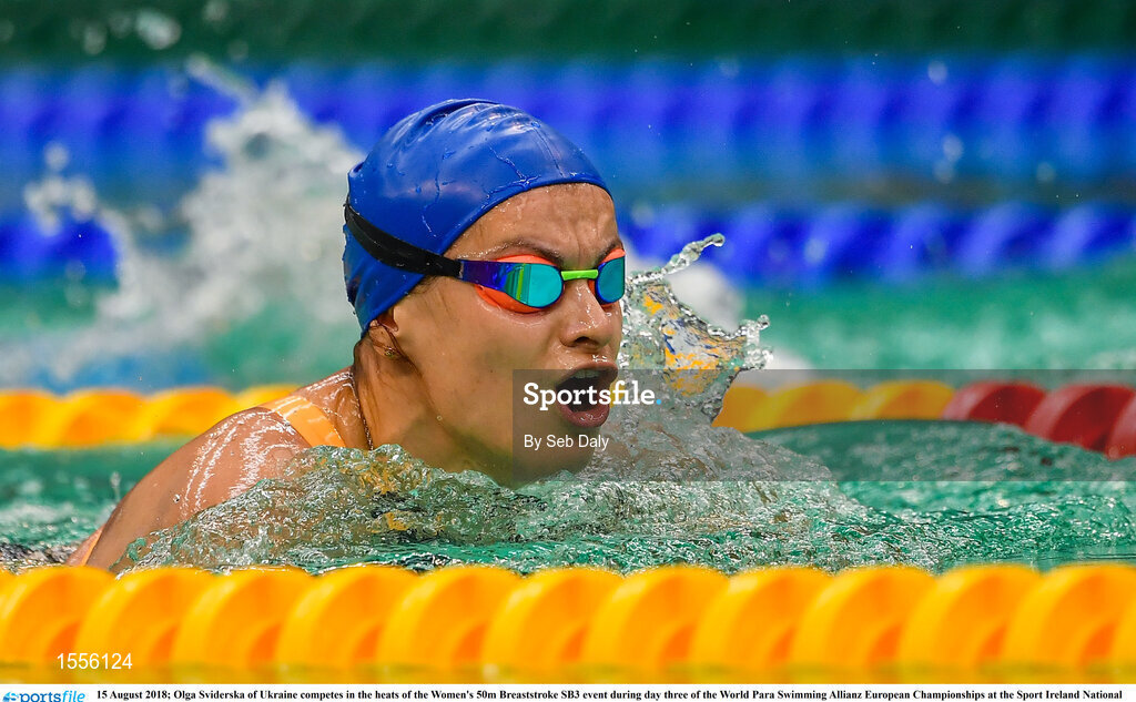 15 August 2018; Olga Sviderska of Ukraine competes in the heats of the Women's 50m Breaststroke SB3 event during day three of the World Para Swimming Allianz European Championships at the Sport Ireland National Aquatic Centre in Blanchardstown, Dublin. Photo by Seb Daly/Sportsfile