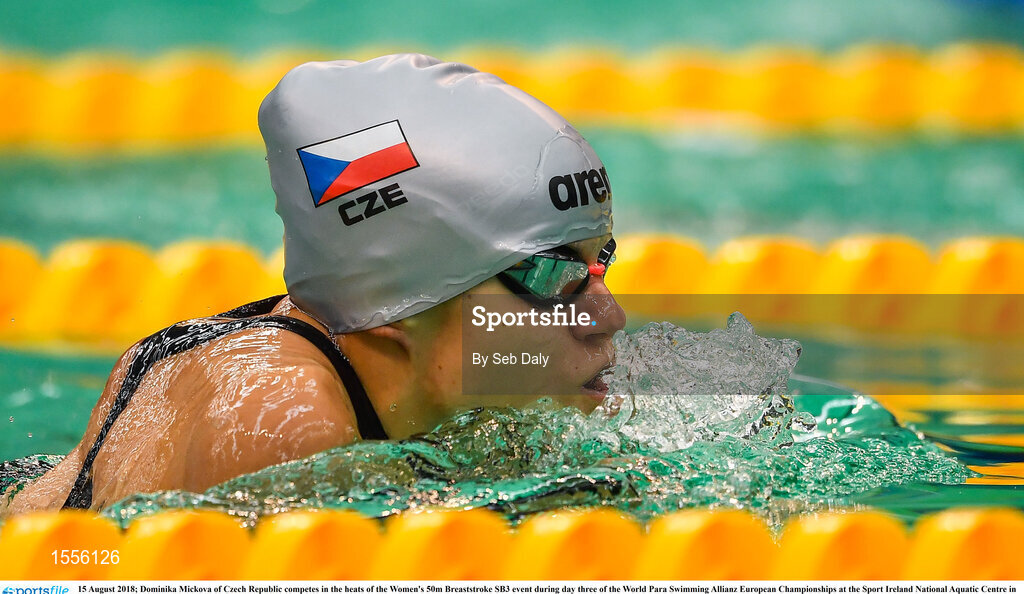 15 August 2018; Dominika Mickova of Czech Republic competes in the heats of the Women's 50m Breaststroke SB3 event during day three of the World Para Swimming Allianz European Championships at the Sport Ireland National Aquatic Centre in Blanchardstown, Dublin. Photo by Seb Daly/Sportsfile