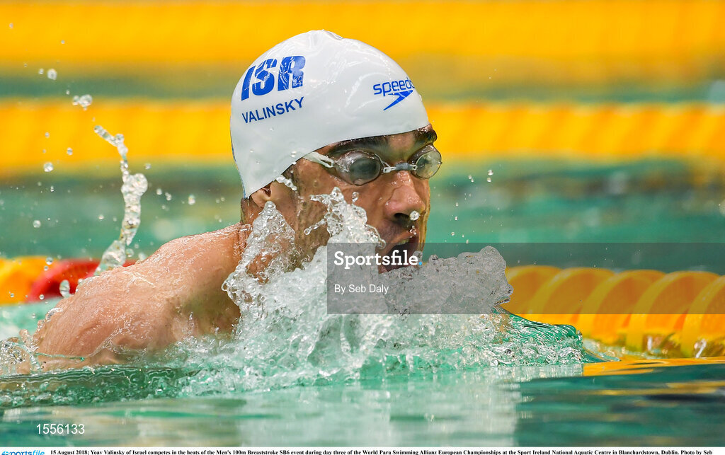 15 August 2018; Yoav Valinsky of Israel competes in the heats of the Men's 100m Breaststroke SB6 event during day three of the World Para Swimming Allianz European Championships at the Sport Ireland National Aquatic Centre in Blanchardstown, Dublin. Photo by Seb Daly/Sportsfile