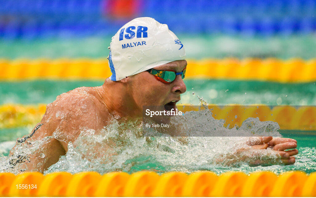 15 August 2018; Mark Malyar of Israel competes in the heats of the Men's 100m Breaststroke SB6 event during day three of the World Para Swimming Allianz European Championships at the Sport Ireland National Aquatic Centre in Blanchardstown, Dublin. Photo by Seb Daly/Sportsfile