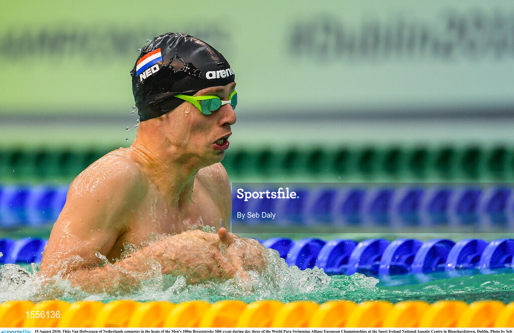 15 August 2018; Thijs Van Hofweegen of Netherlands competes in the heats of the Men's 100m Breaststroke SB6 event during day three of the World Para Swimming Allianz European Championships at the Sport Ireland National Aquatic Centre in Blanchardstown, Dublin. Photo by Seb Daly/Sportsfile
