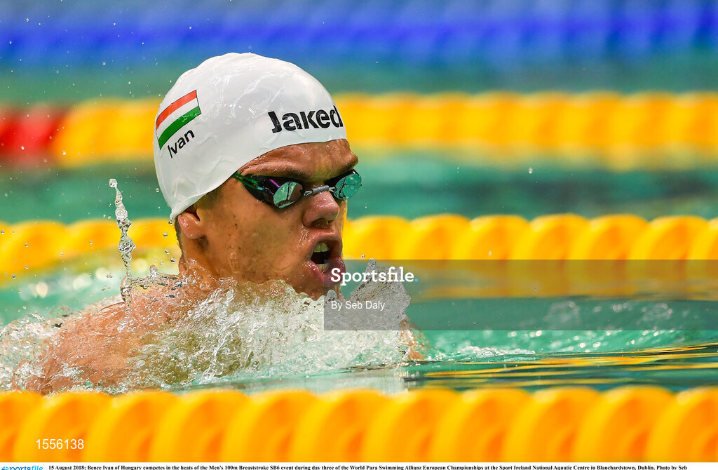 15 August 2018; Bence Ivan of Hungary competes in the heats of the Men's 100m Breaststroke SB6 event during day three of the World Para Swimming Allianz European Championships at the Sport Ireland National Aquatic Centre in Blanchardstown, Dublin. Photo by Seb Daly/Sportsfile