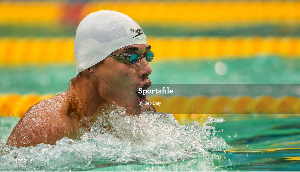 15 August 2018; Bohdan Hrynenko of Ukraine competes in the heats of the Men's 100m Breaststroke SB6 event during day three of the World Para Swimming Allianz European Championships at the Sport Ireland National Aquatic Centre in Blanchardstown, Dublin. Photo by Seb Daly/Sportsfile