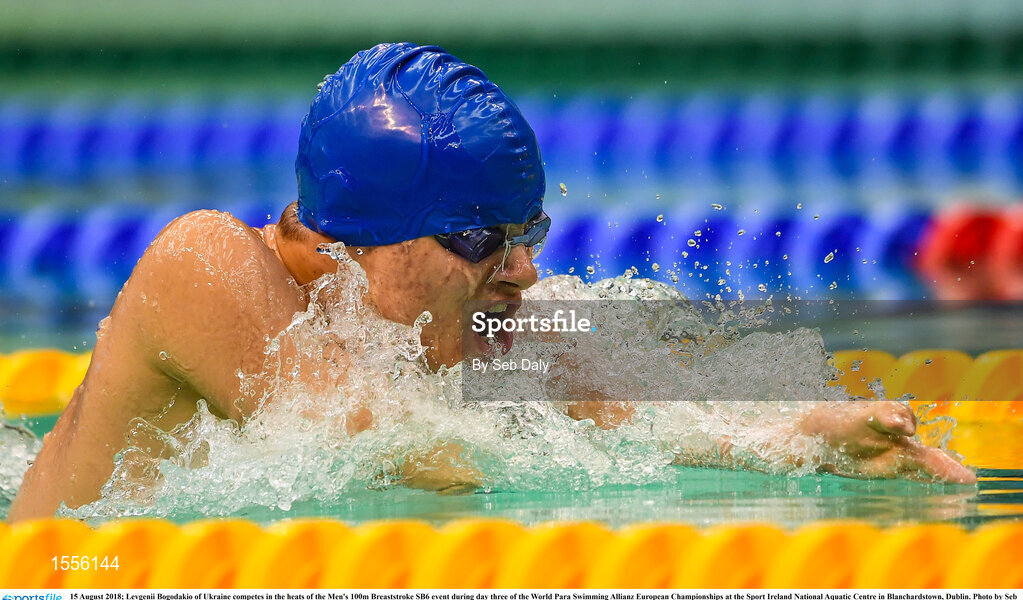 15 August 2018; Levgenii Bogodakio of Ukraine competes in the heats of the Men's 100m Breaststroke SB6 event during day three of the World Para Swimming Allianz European Championships at the Sport Ireland National Aquatic Centre in Blanchardstown, Dublin. Photo by Seb Daly/Sportsfile
