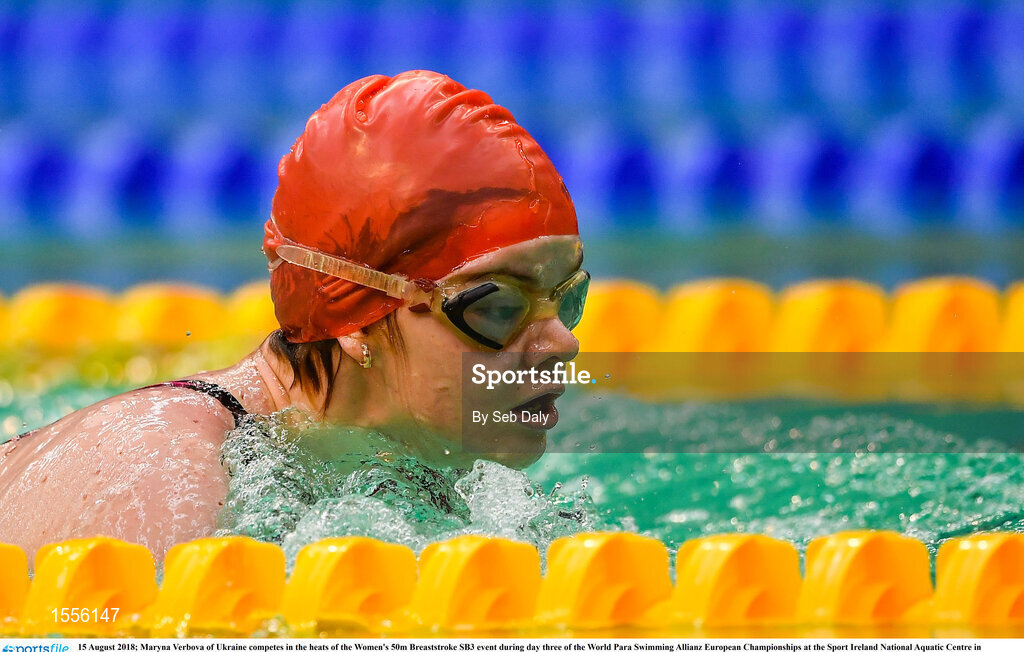 15 August 2018; Maryna Verbova of Ukraine competes in the heats of the Women's 50m Breaststroke SB3 event during day three of the World Para Swimming Allianz European Championships at the Sport Ireland National Aquatic Centre in Blanchardstown, Dublin. Photo by Seb Daly/Sportsfile
