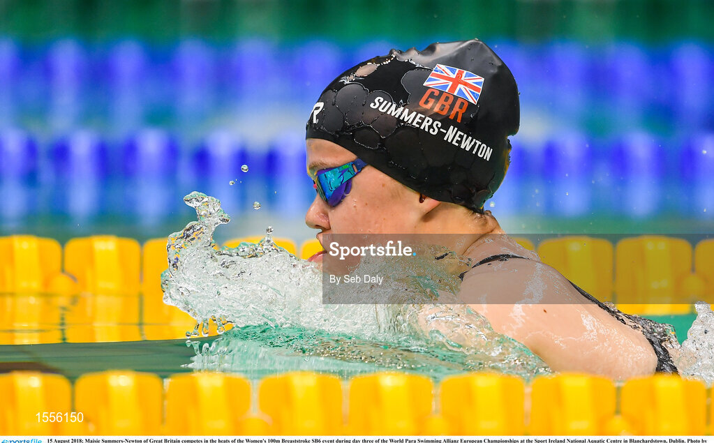 15 August 2018; Maisie Summers-Newton of Great Britain competes in the heats of the Women's 100m Breaststroke SB6 event during day three of the World Para Swimming Allianz European Championships at the Sport Ireland National Aquatic Centre in Blanchardstown, Dublin. Photo by Seb Daly/Sportsfile