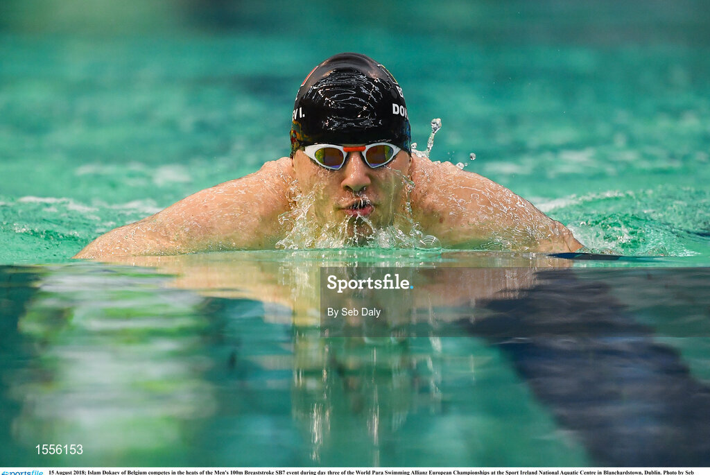 15 August 2018; Islam Dokaev of Belgium competes in the heats of the Men's 100m Breaststroke SB7 event during day three of the World Para Swimming Allianz European Championships at the Sport Ireland National Aquatic Centre in Blanchardstown, Dublin. Photo by Seb Daly/Sportsfile