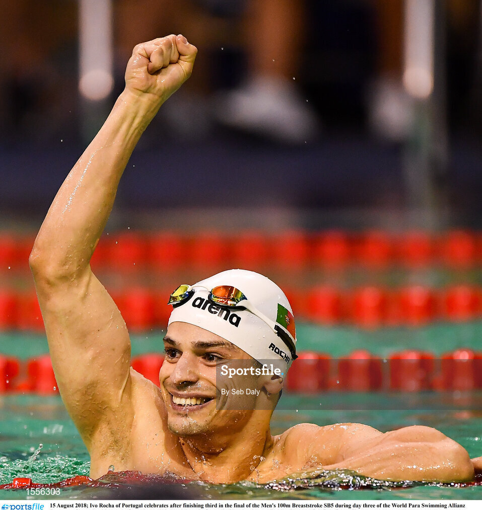 15 August 2018; Ivo Rocha of Portugal celebrates after finishing third in the final of the Men's 100m Breaststroke SB5 during day three of the World Para Swimming Allianz European Championships at the Sport Ireland National Aquatic Centre in Blanchardstown, Dublin. Photo by Seb Daly/Sportsfile
