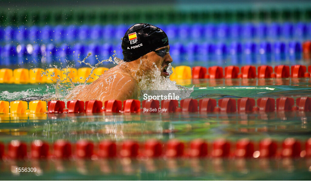 15 August 2018; Antoni Ponce Bertran of Spain on his way to winning the final of the Men's 100m Breaststroke SB5 during day three of the World Para Swimming Allianz European Championships at the Sport Ireland National Aquatic Centre in Blanchardstown, Dublin. Photo by Seb Daly/Sportsfile
