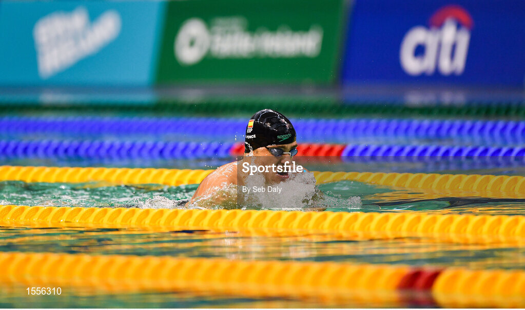 15 August 2018; Antoni Ponce Bertran of Spain on his way to winning the final of the Men's 100m Breaststroke SB5 during day three of the World Para Swimming Allianz European Championships at the Sport Ireland National Aquatic Centre in Blanchardstown, Dublin. Photo by Seb Daly/Sportsfile