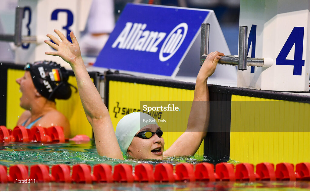 15 August 2018; Yelyzaveta Mereshko of Ukraine celebrates after winning the final of the Women's 100m Breaststroke SB5 event during day three of the World Para Swimming Allianz European Championships at the Sport Ireland National Aquatic Centre in Blanchardstown, Dublin. Photo by Seb Daly/Sportsfile