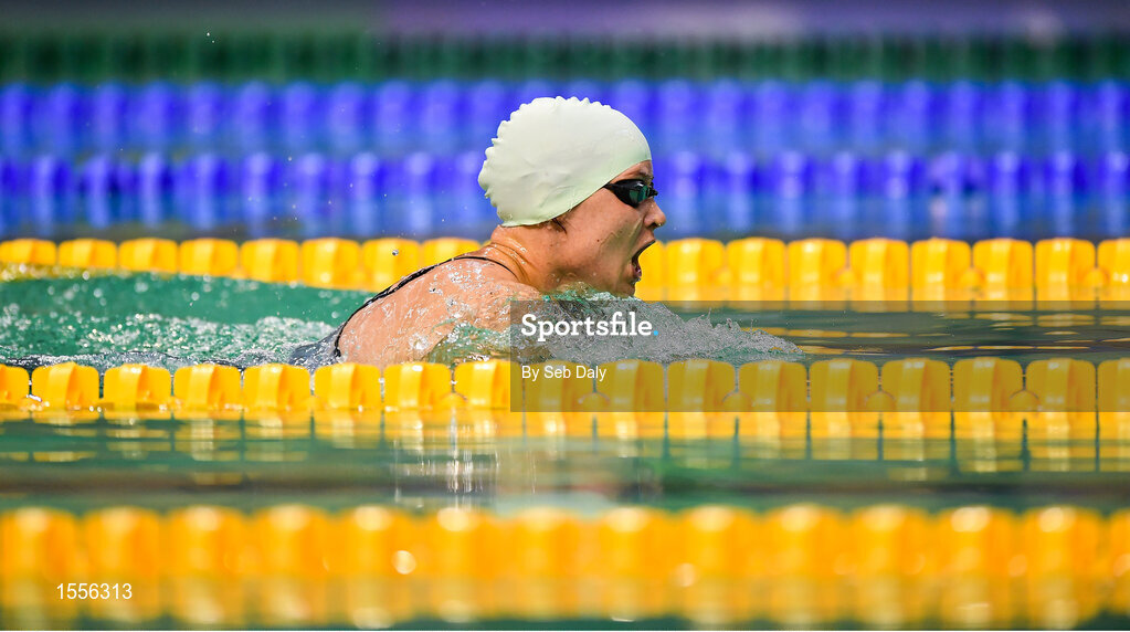 15 August 2018; Yelyzaveta Mereshko of Ukraine on her way to winning the final of the Women's 100m Breaststroke SB5 event during day three of the World Para Swimming Allianz European Championships at the Sport Ireland National Aquatic Centre in Blanchardstown, Dublin. Photo by Seb Daly/Sportsfile