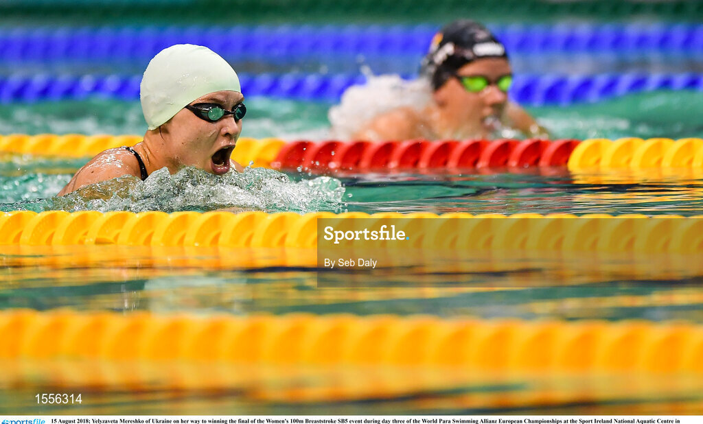 15 August 2018; Yelyzaveta Mereshko of Ukraine on her way to winning the final of the Women's 100m Breaststroke SB5 event during day three of the World Para Swimming Allianz European Championships at the Sport Ireland National Aquatic Centre in Blanchardstown, Dublin. Photo by Seb Daly/Sportsfile