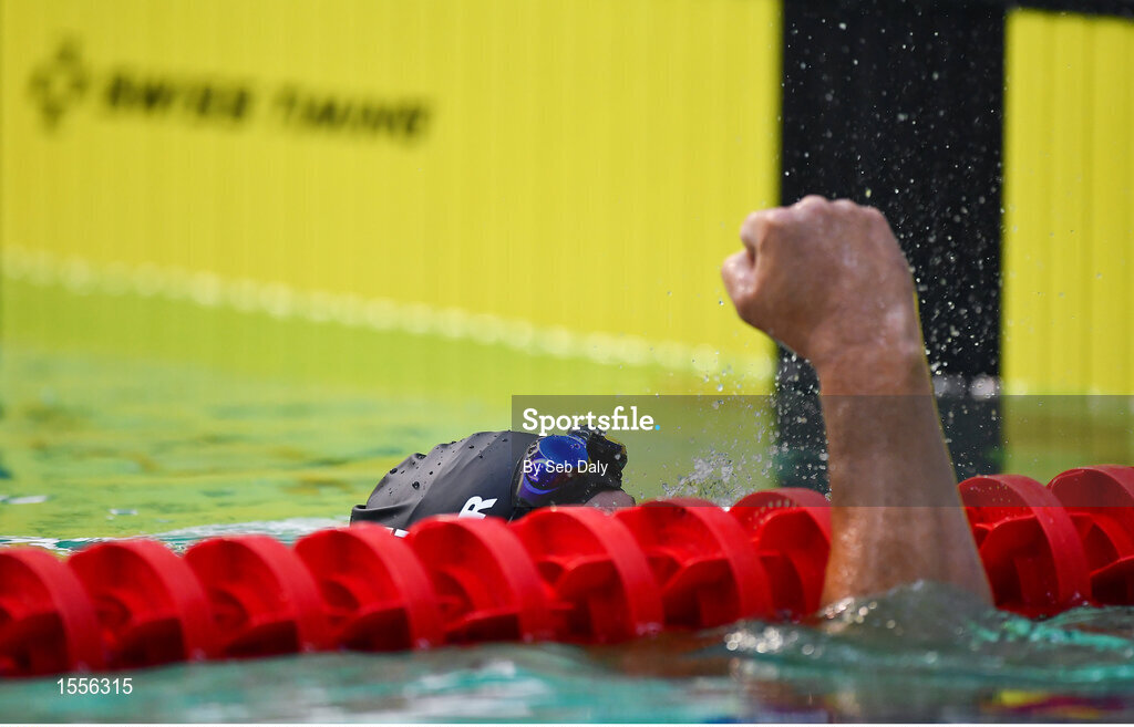 15 August 2018; Stephen Fuhrer of Switzerland celebrates after finishing second after the final of the Men's 100m Breaststroke SB4 event during day three of the World Para Swimming Allianz European Championships at the Sport Ireland National Aquatic Centre in Blanchardstown, Dublin. Photo by Seb Daly/Sportsfile