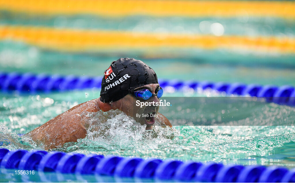 15 August 2018; Stephen Fuhrer of Switzerland on his way to finishing second during the final of the Men's 100m Breaststroke SB4 event during day three of the World Para Swimming Allianz European Championships at the Sport Ireland National Aquatic Centre in Blanchardstown, Dublin. Photo by Seb Daly/Sportsfile