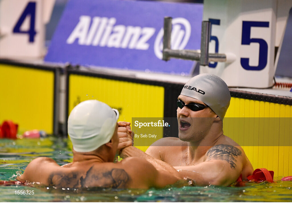 15 August 2018; Illia Yaremenko of Ukraine is congratulated after winning the Men's 50m Freestyle S12 final by team-mate and second place finisher Iaroslav Denysenko of Ukraine during day three of the World Para Swimming Allianz European Championships at the Sport Ireland National Aquatic Centre in Blanchardstown, Dublin. Photo by Seb Daly/Sportsfile