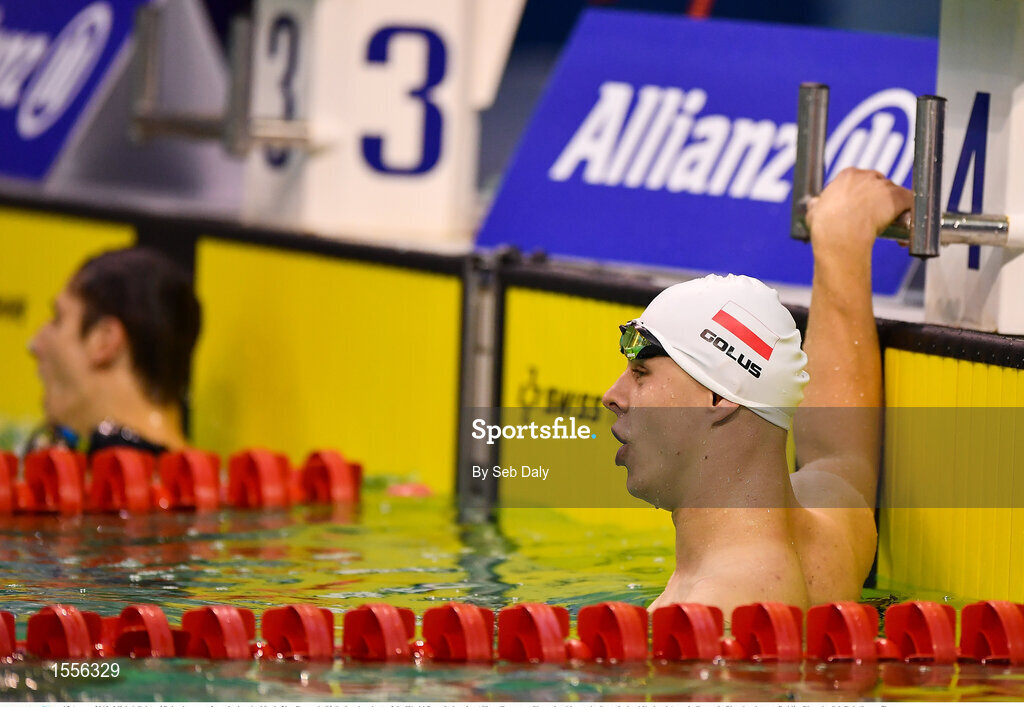 15 August 2018; Michal Golus of Poland reacts after winning the Men's 50m Freestyle S8 during day three of the World Para Swimming Allianz European Championships at the Sport Ireland National Aquatic Centre in Blanchardstown, Dublin. Photo by Seb Daly/Sportsfile