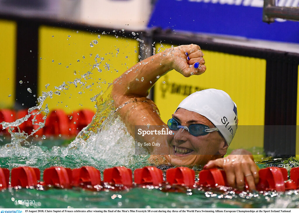 15 August 2018; Claire Supiot of Frnace celebrates after winning the final of the Men's 50m Freestyle S8 event during day three of the World Para Swimming Allianz European Championships at the Sport Ireland National Aquatic Centre in Blanchardstown, Dublin. Photo by Seb Daly/Sportsfile