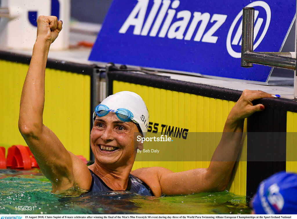 15 August 2018; Claire Supiot of Frnace celebrates after winning the final of the Men's 50m Freestyle S8 event during day three of the World Para Swimming Allianz European Championships at the Sport Ireland National Aquatic Centre in Blanchardstown, Dublin. Photo by Seb Daly/Sportsfile