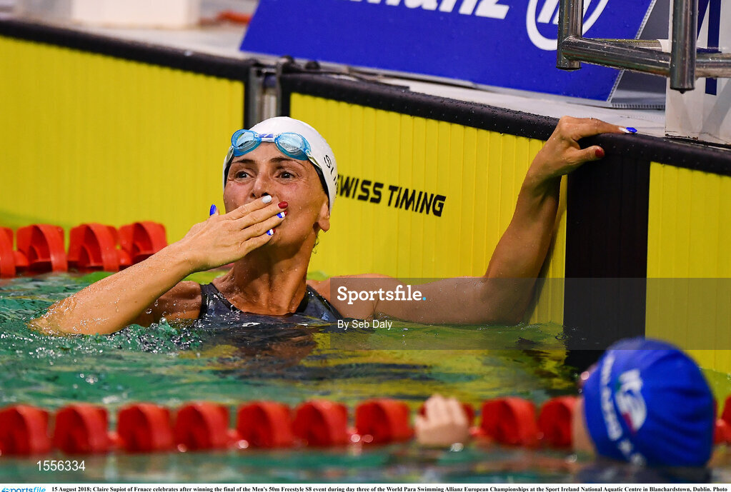 15 August 2018; Claire Supiot of Frnace celebrates after winning the final of the Men's 50m Freestyle S8 event during day three of the World Para Swimming Allianz European Championships at the Sport Ireland National Aquatic Centre in Blanchardstown, Dublin. Photo by Seb Daly/Sportsfile