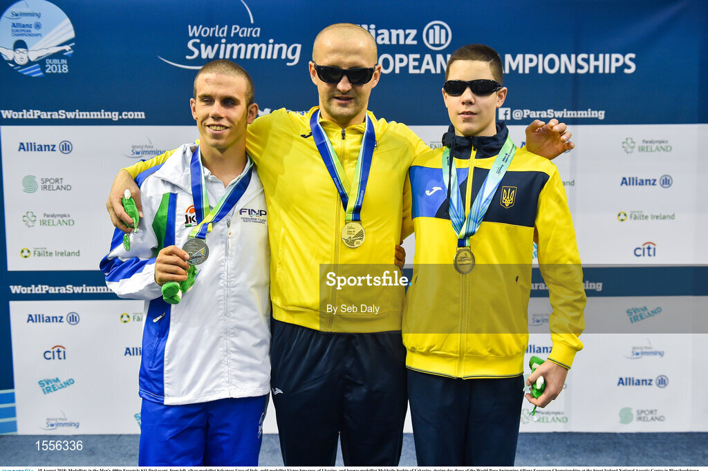 15 August 2018; Medallists in the Men's 400m Freestyle S11 final event, from left, silver medallist Salvatore Urso of Italy, gold medallist Victor Smyrnov of Ukraine, and bronze medallist Mykhailo Serbin of Urkraine, during day three of the World Para Swimming Allianz European Championships at the Sport Ireland National Aquatic Centre in Blanchardstown, Dublin.  Photo by Seb Daly/Sportsfile