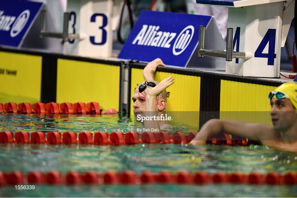 15 August 2018; Marc Evers of Netherlands celebrates after winning the Men's 100m Backstroke S14 Final during day three of the World Para Swimming Allianz European Championships at the Sport Ireland National Aquatic Centre in Blanchardstown, Dublin. Photo by Seb Daly/Sportsfile